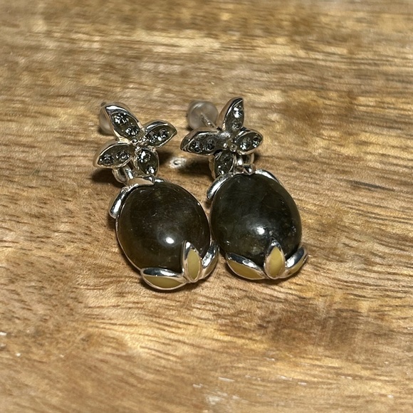 David Sigal Green Labradorite Flower Enamel 925 Sterling Silver Drop Earrings - Picture 5 of 15